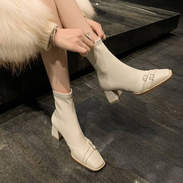 Square-Toe Chunky Heel Buckled Short Boots