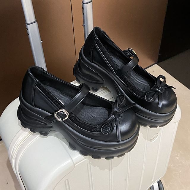 Platform Bow Accent Faux Leather Mary Jane Shoes