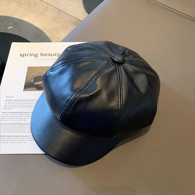 Plain Faux Leather Newsboy Cap
