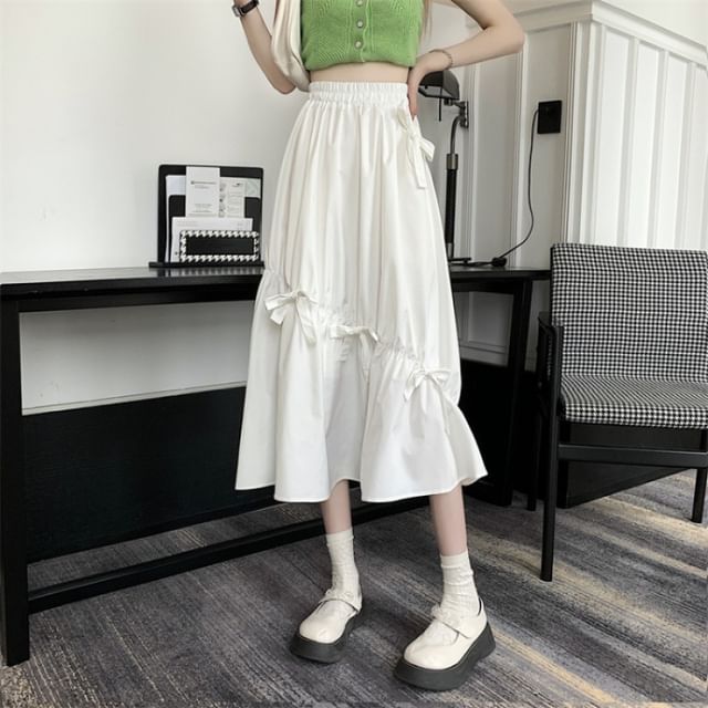 High Waist Plain Bow Midi A-Line Skirt