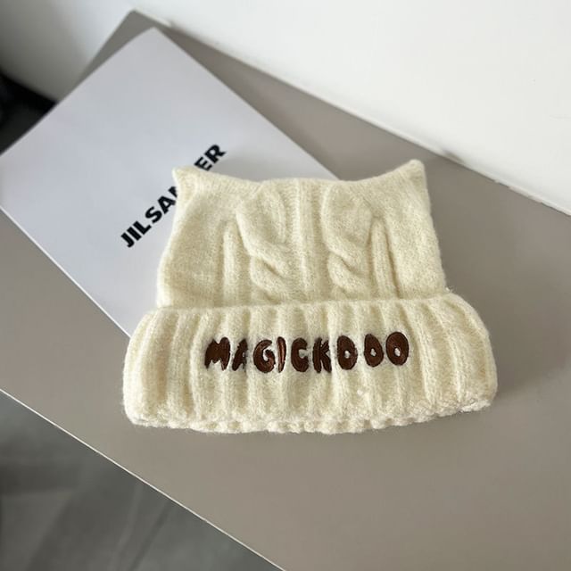 Lettering Embroidered Cable Knit Beanie