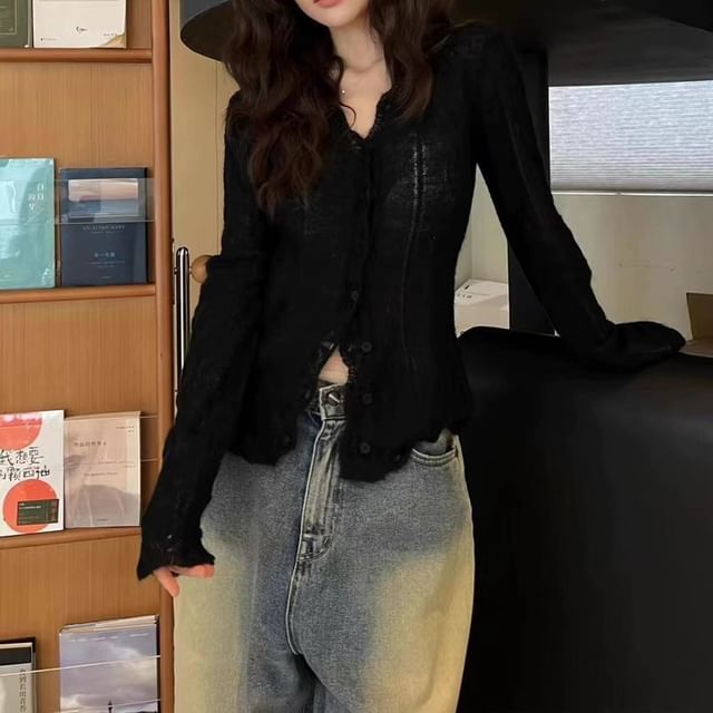 V-Neck Lace Trim Sheer Button Cardigan