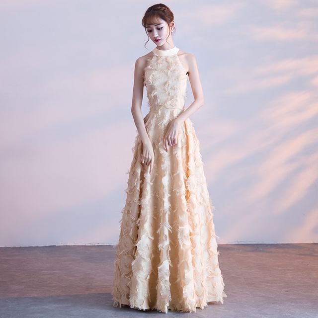 Halter Plain Fringed A-Line Evening Gown