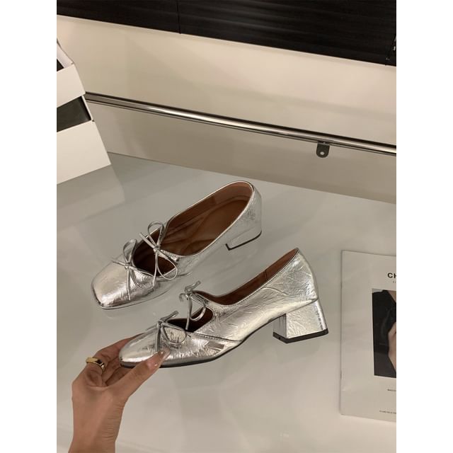 Square Toe Bow Block Heel Mary Jane Pumps