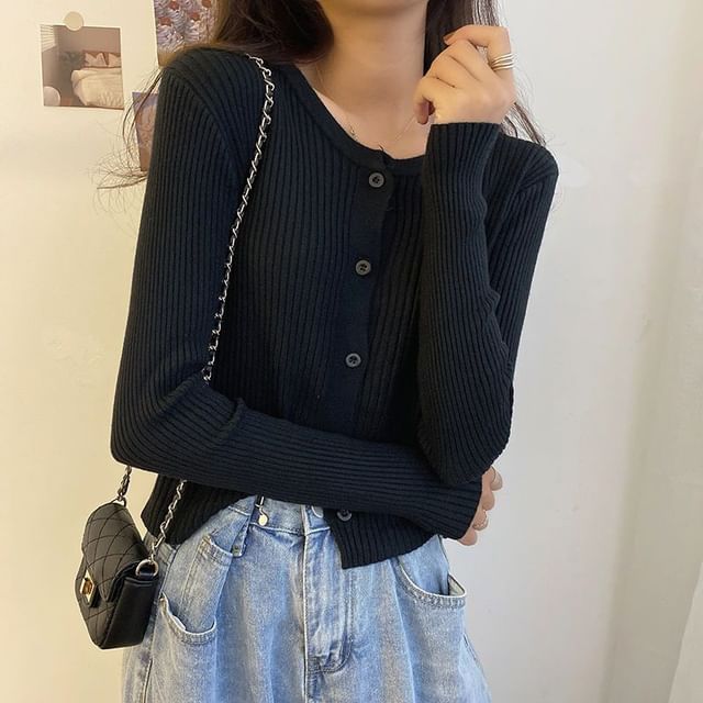 Ribbed Round Neck Button Front Cardigan