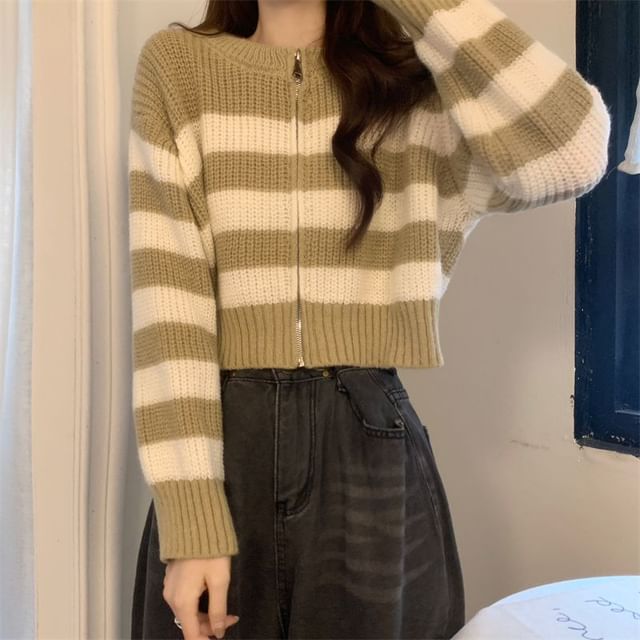 Striped Zip Up Cropped Cardigan