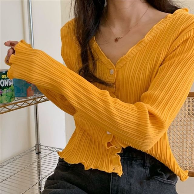 Lettuce Trim V-Neck Ribbed Crop Cardigan