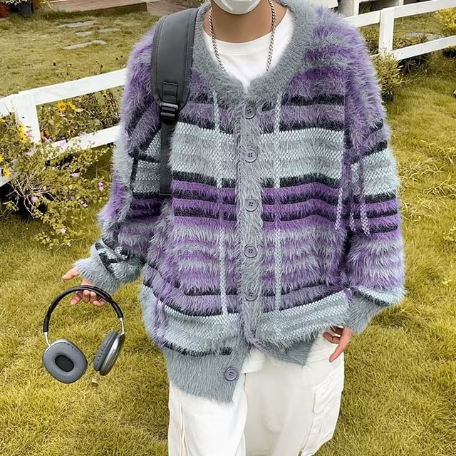 Plaid Fluffy Oversized Crew Neck Cardigan
