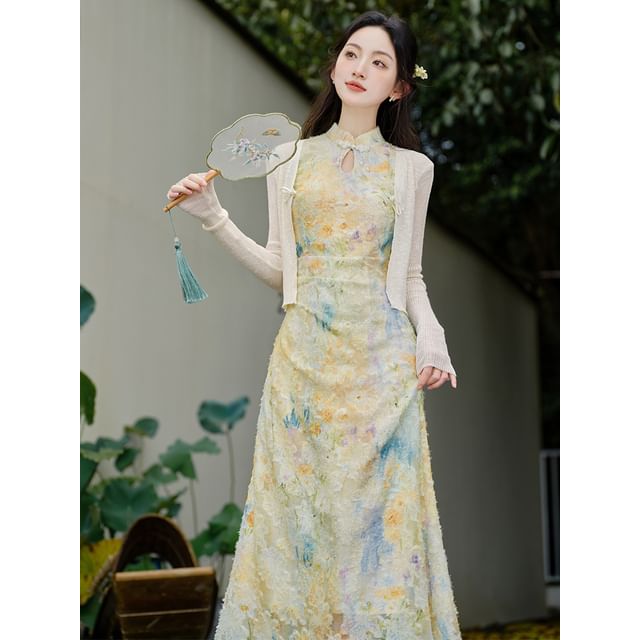 Plain Cardigan / Sleeveless Mock Neck Floral Maxi A-Line Dress / Set