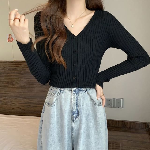 V-Neck Button-Front Smooth Knit Cardigan