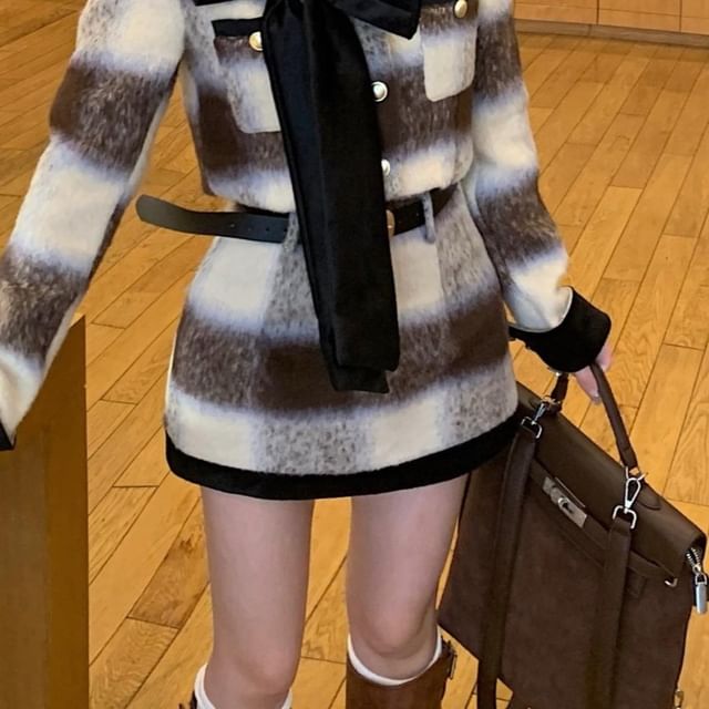 Crew Neck Plaid Bow Accent Contrast Trim Button-Up Crop Jacket / High Rise Mini Pencil Skirt