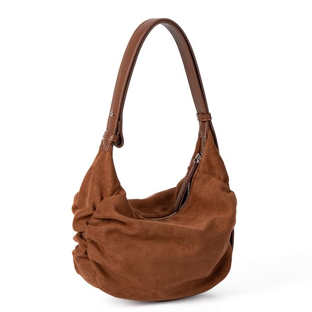 Faux Suede Plain Zip Shoulder Bag