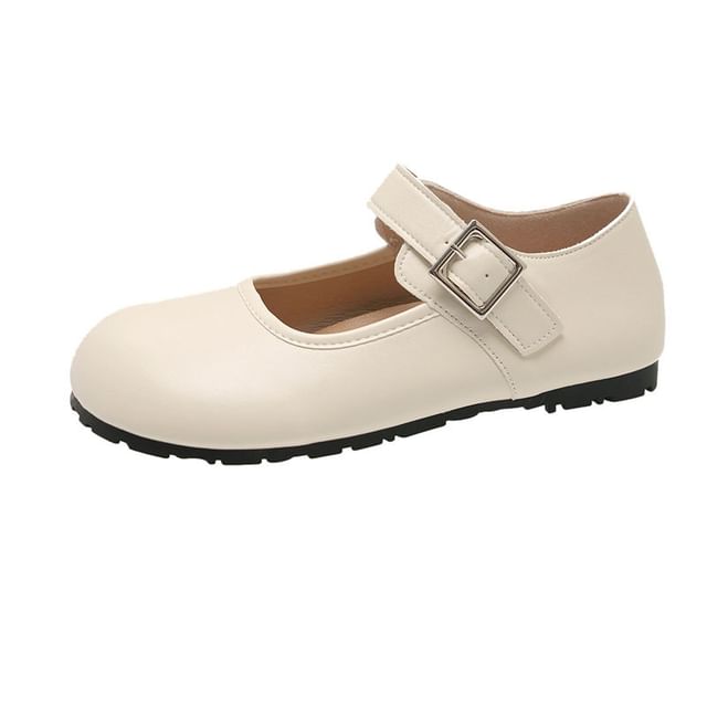 Buckled Mary Round Faux Toe Leather Flats Plain Jane