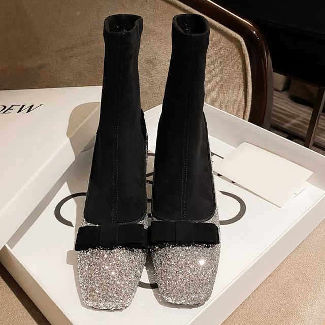 Square Toe Bow Glitter Block Heel Short Sock Boots