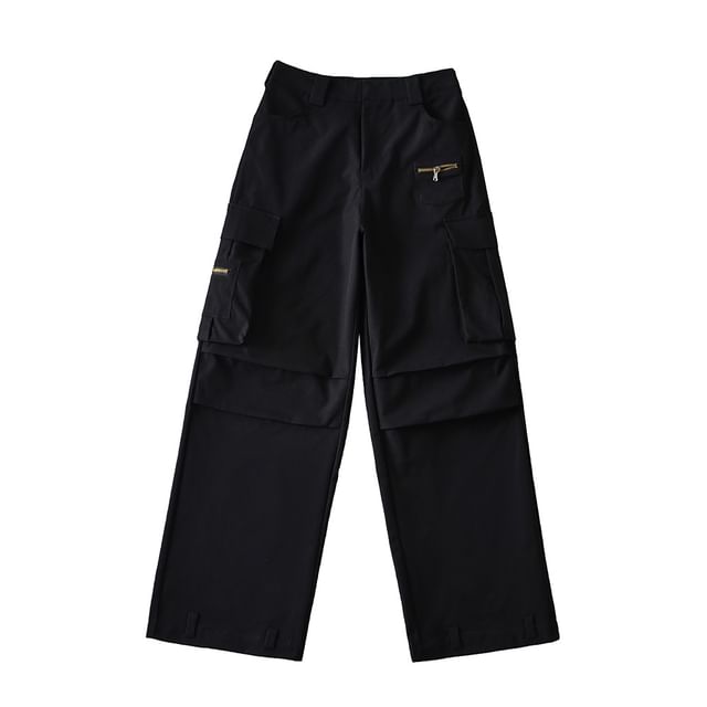 High Rise Plain Pocket Loose-Fit Wide-Leg Cargo Pants