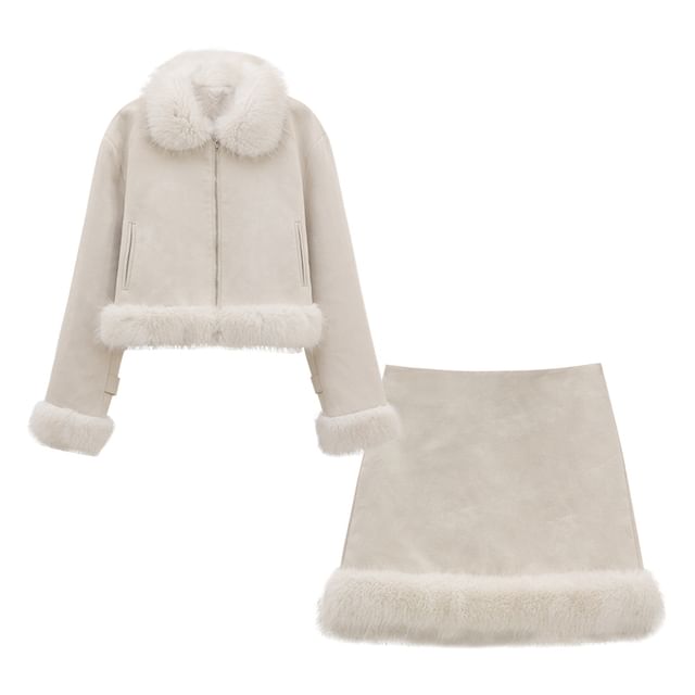 Set: Collared Plain Panel Fluffy Zip Jacket + High Rise A-Line Skirt (Various Designs)