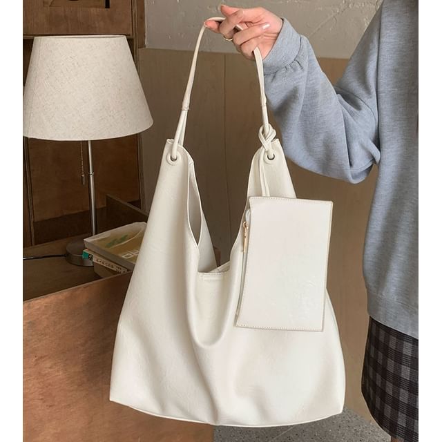 Faux Leather Plain Tote Bag With Pouch