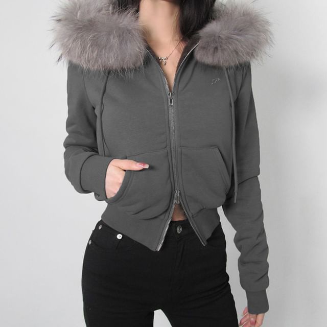 Long Sleeve Furry-Trim Plain Hooded Zip-Up Jacket