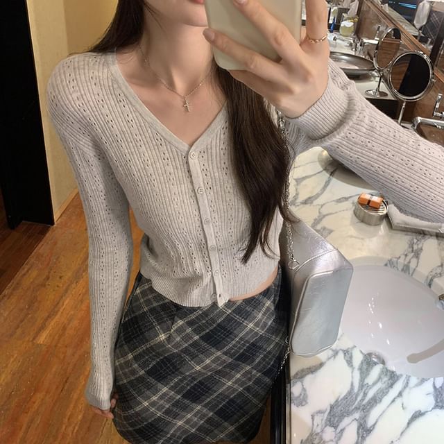 V-Neck Button-Up Plain Cardigan