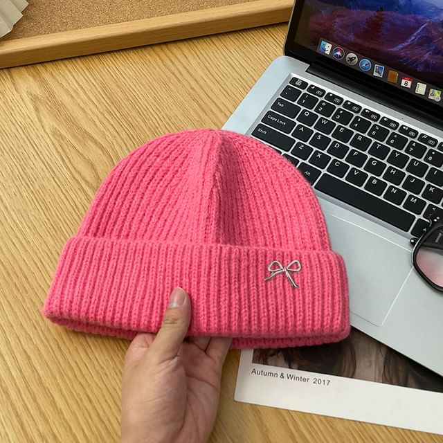 Metal Bow Knit Beanie