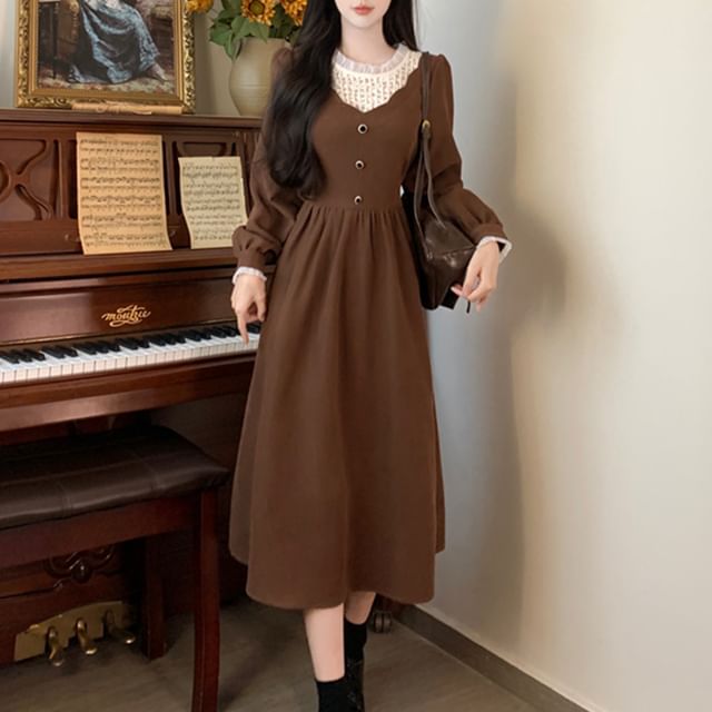 Long-Sleeve Crew Neck Plain Midi A-Line Dress