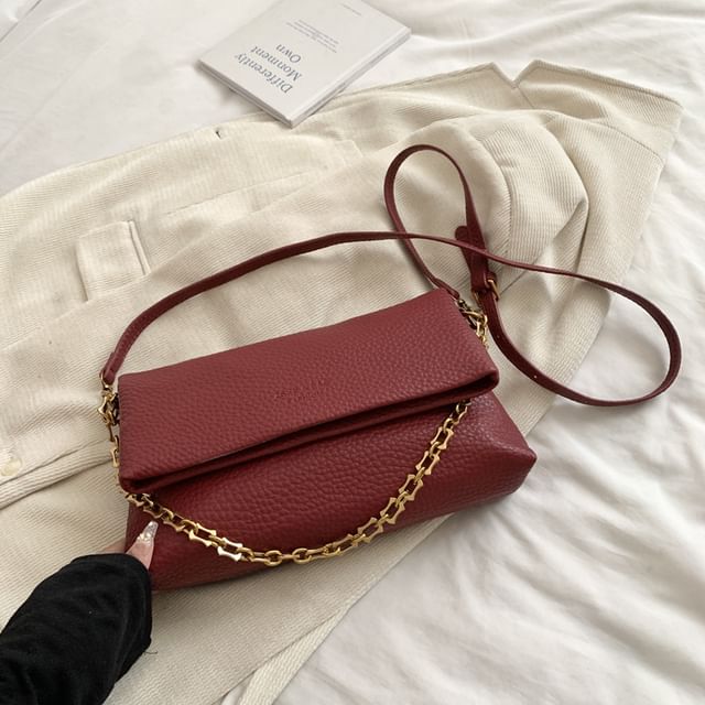 Faux Leather Plain Flap Shoulder Bag