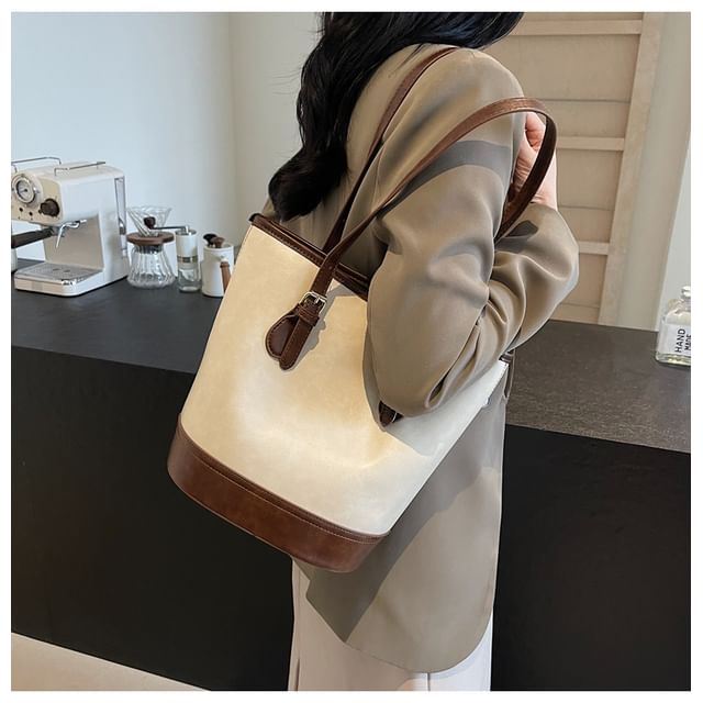 Faux Leather Two Tone Shoulder Bucket Bag