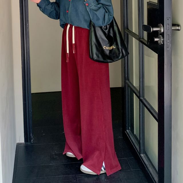 Plus Size Drawstring Waist Plain Wide Leg Pants