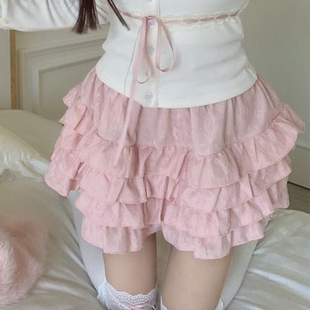 Plain Fluffy Open Front Cardigan / Lace Trim Cami Top / High Waist Ruffle Mini A-Line Skirt