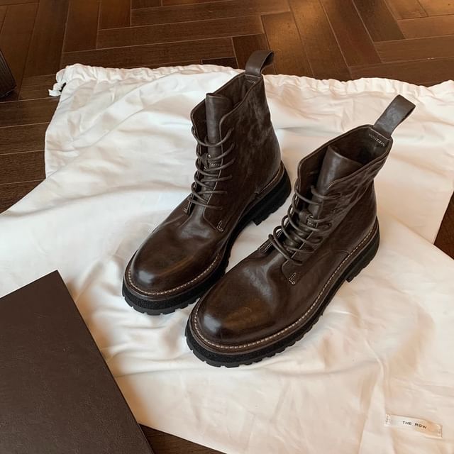 Platform Leather Boots Plain Genuine Short Lace-Up