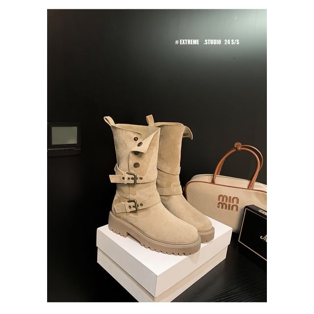 Calf Boots Buckled Mid Button Platform