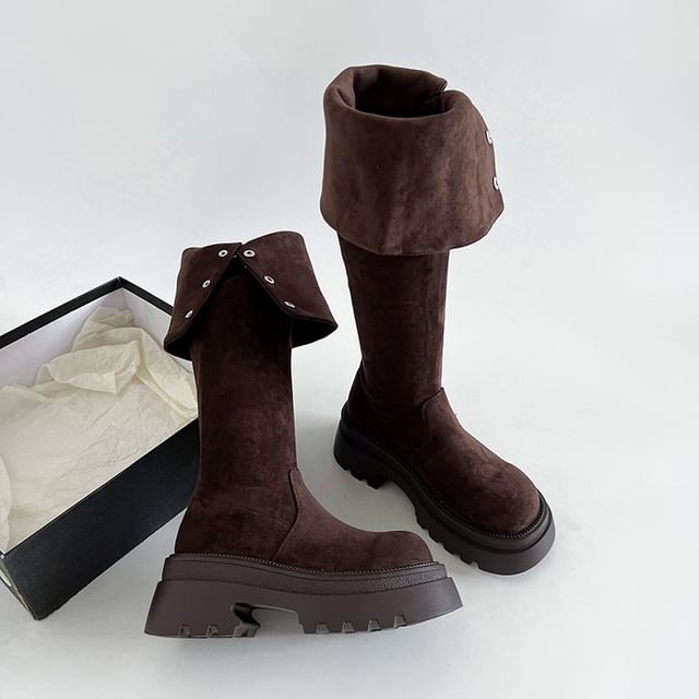 The Faux Platform Boots Knee Button Over Buckled Suede