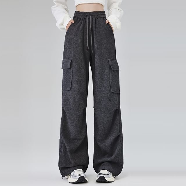 High Rise Plain Ruched Wide Leg Cargo Sweatpants