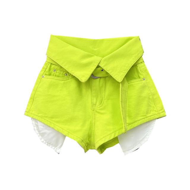 High Waist Belted Plain Denim Shorts