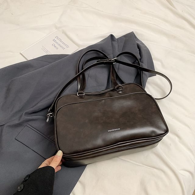 Lettering Multi-Pocket Faux Leather Tote Bag