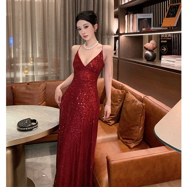 Spaghetti Strap Sequined A-Line Evening Gown