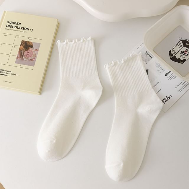 Plain Lettuce Edge Ribbed Socks