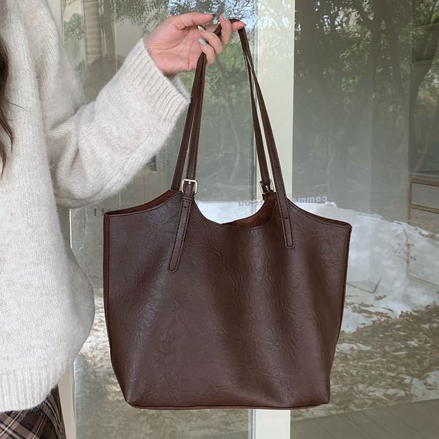 Faux Leather Tote Bag With Pouch