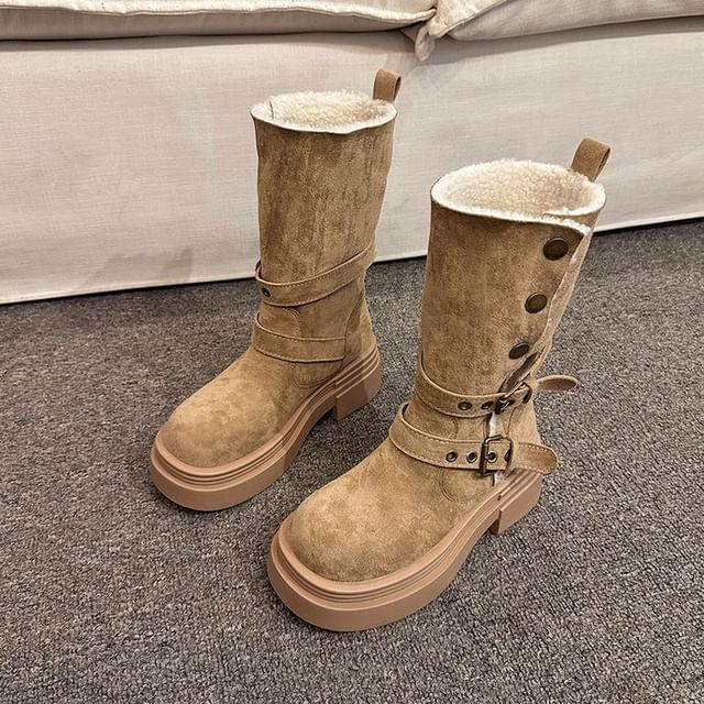 Fur Mid Calf Buckled Faux Boots