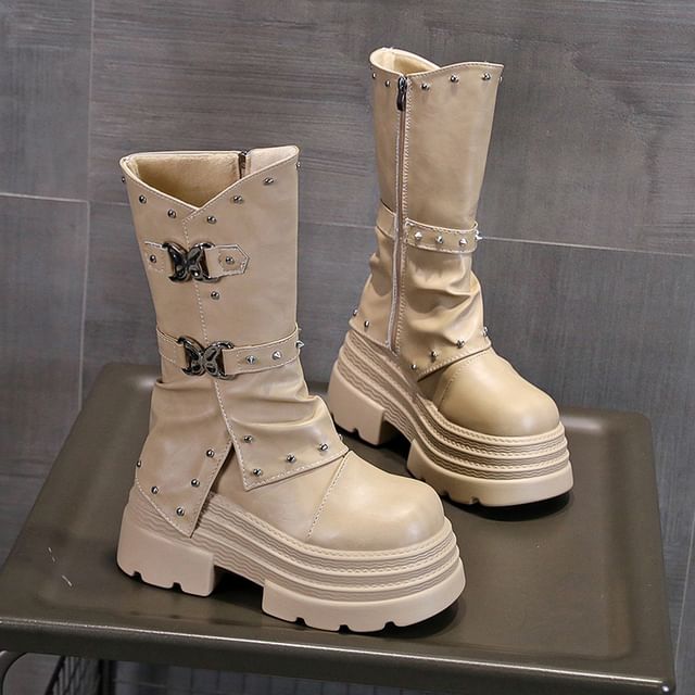 Platform Buckle Mid Calf Boots