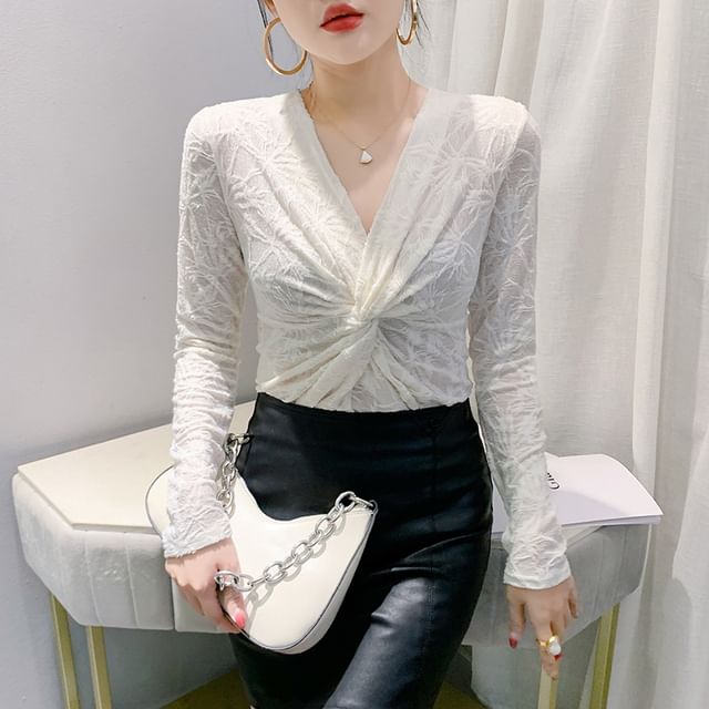 V-Neck Knotted Lace Top with Long Sleeves