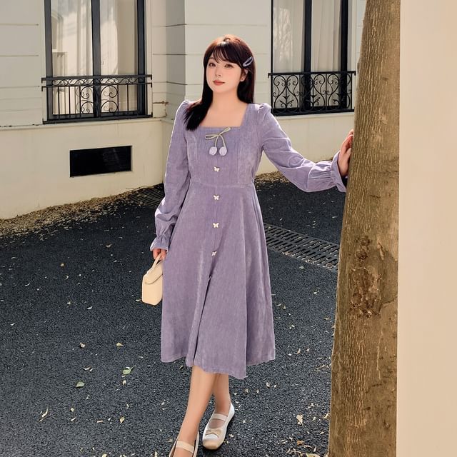 Plus Size Long-Sleeve Square Neck Plain Flower Detail Midi A-Line Dress