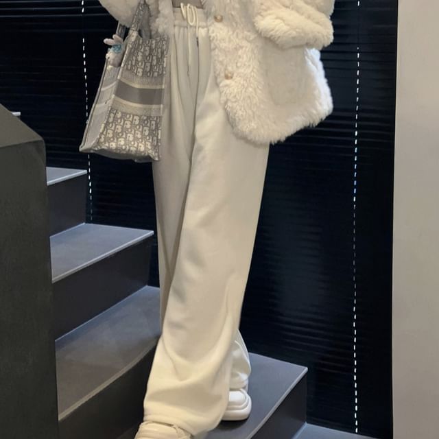 V-Neck Plain Fluffy Button Jacket / Drawstring Waist Wide Leg Pants