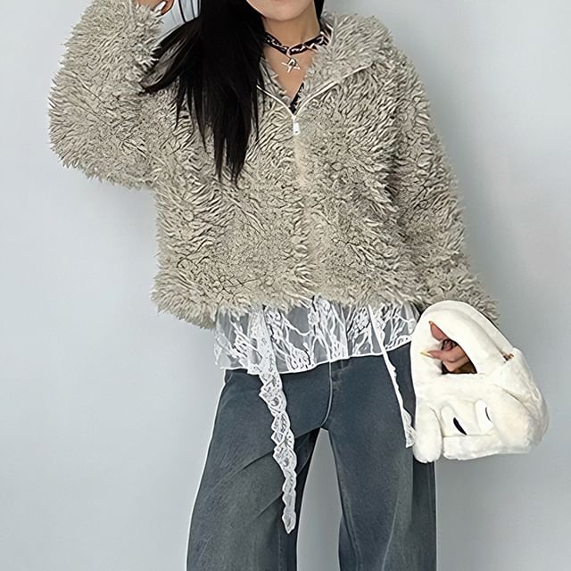 Plain Hood Zip Teddy Jacket