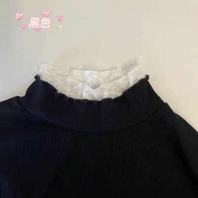 Mock Neck Long-Sleeve Knit Top with Lace Accents