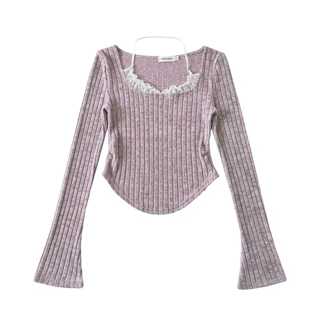Asymmetrical Ribbed Tee with Flared Sleeves and Scoop Neck