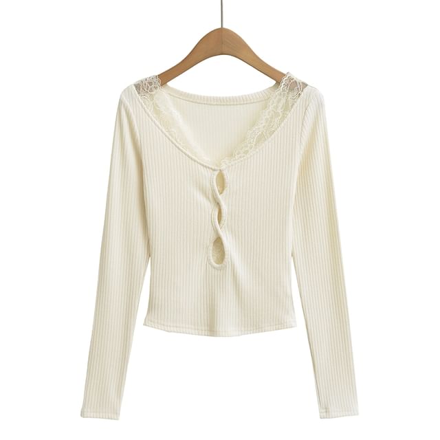 Ribbed V-Neck Knit Top with Lace Trim and Long Sleeves