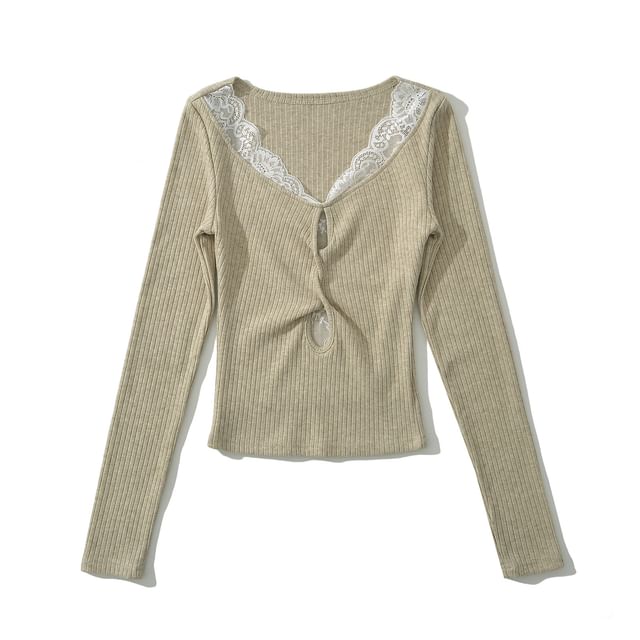 Scoop Neck Ribbed Lace Trim Keyhole Knit Top