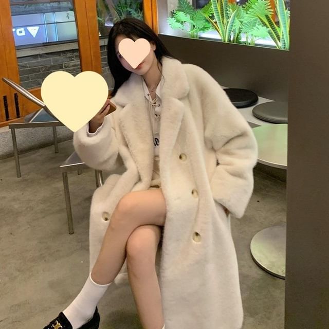 Plain Faux Fur Midi Double-Breasted Coat
