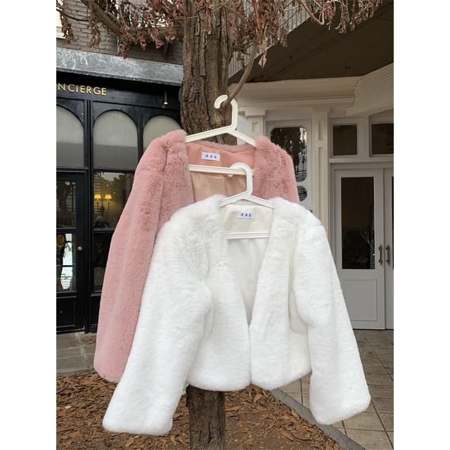 Plain Fluffy Open Front Crop Jacket